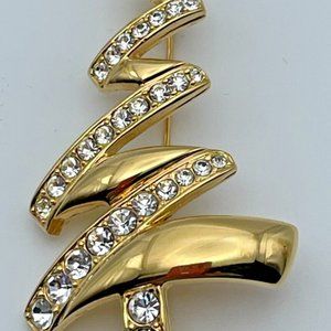 Vintage Monet Modernist Gold Tone Rhinestone Christmas Tree Brooch Pin